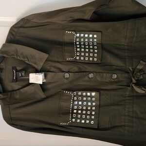 ASHLEY  STEWART Embellished Olive Green Army Women Srawstring Waist Jacket Sz26